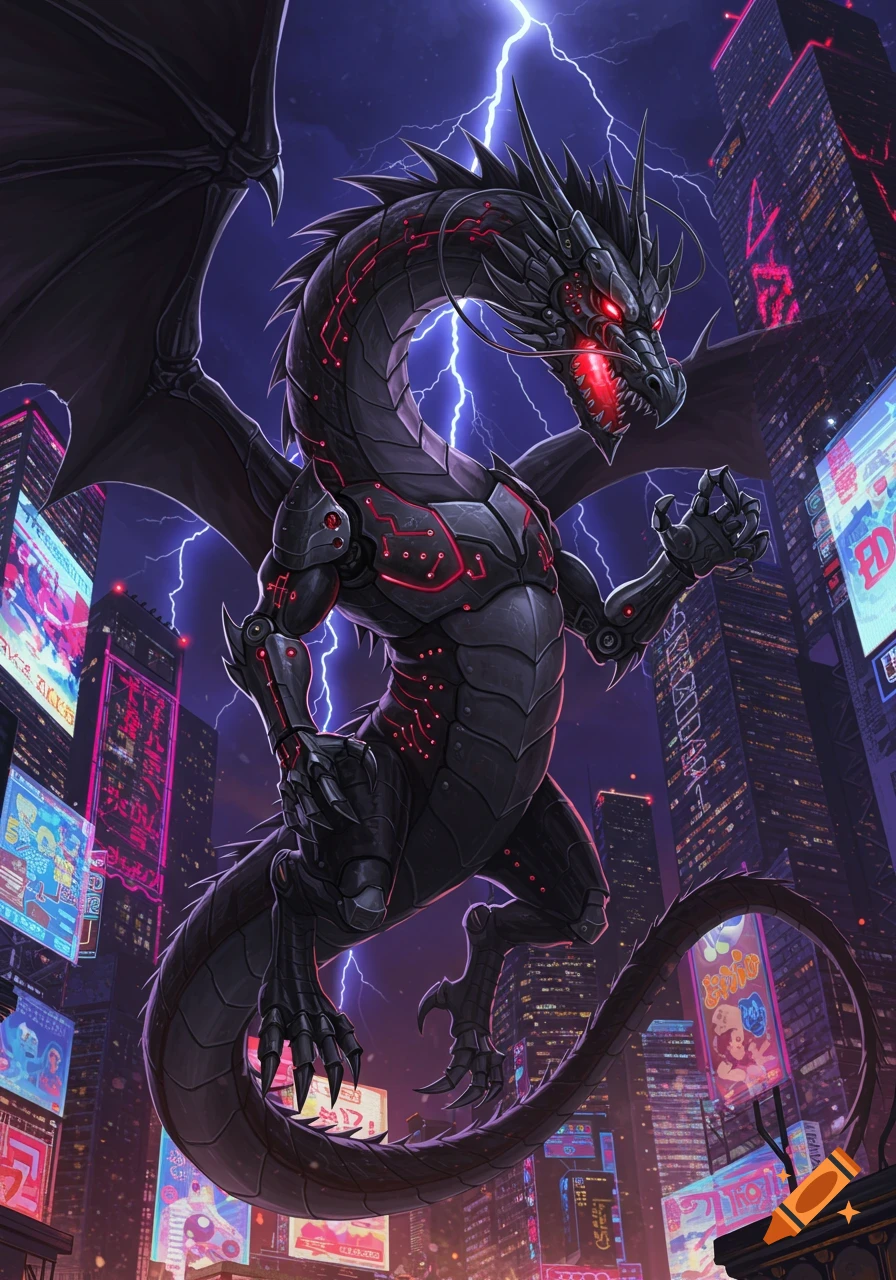 A black cyborg dragon with red glowing eyes and circuitry stands tall amidst a neon-lit cyberpunk city under a stormy, lightning-filled sky in an anime style.