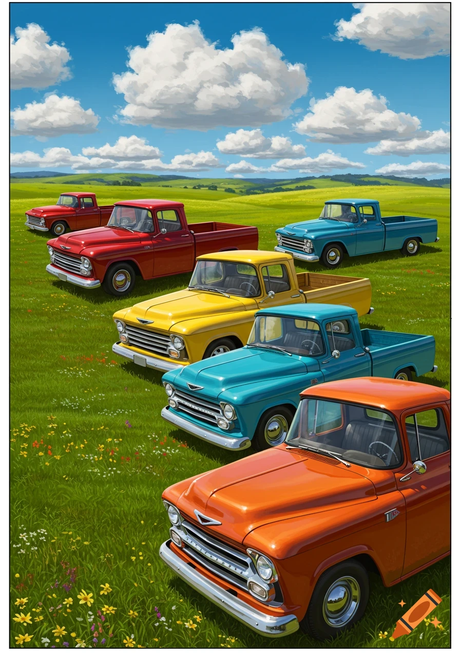 A line of colorful vintage single cab pickup trucks parked diagonally across a vibrant green field under a blue sky with fluffy white clouds.