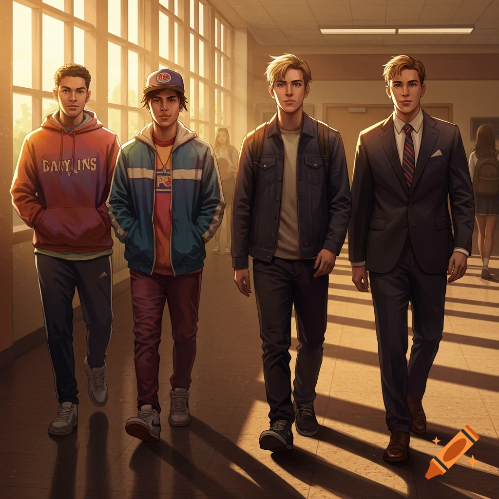Four young men walk down a sunlit school hallway in a stylized anime art style.