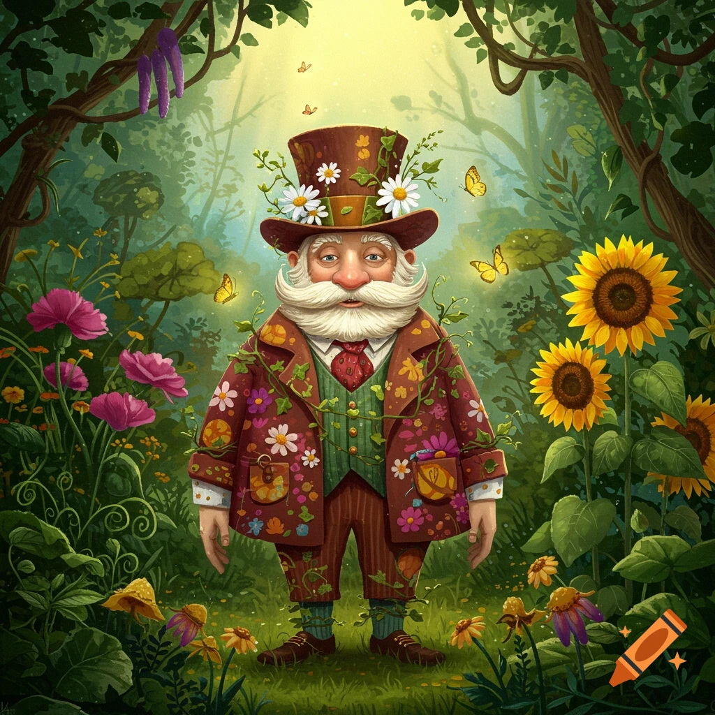 A whimsical older man with a white beard, wearing a brown suit adorned with flowers and vines, stands in a lush, sunny forest with butterflies and large sunflowers.