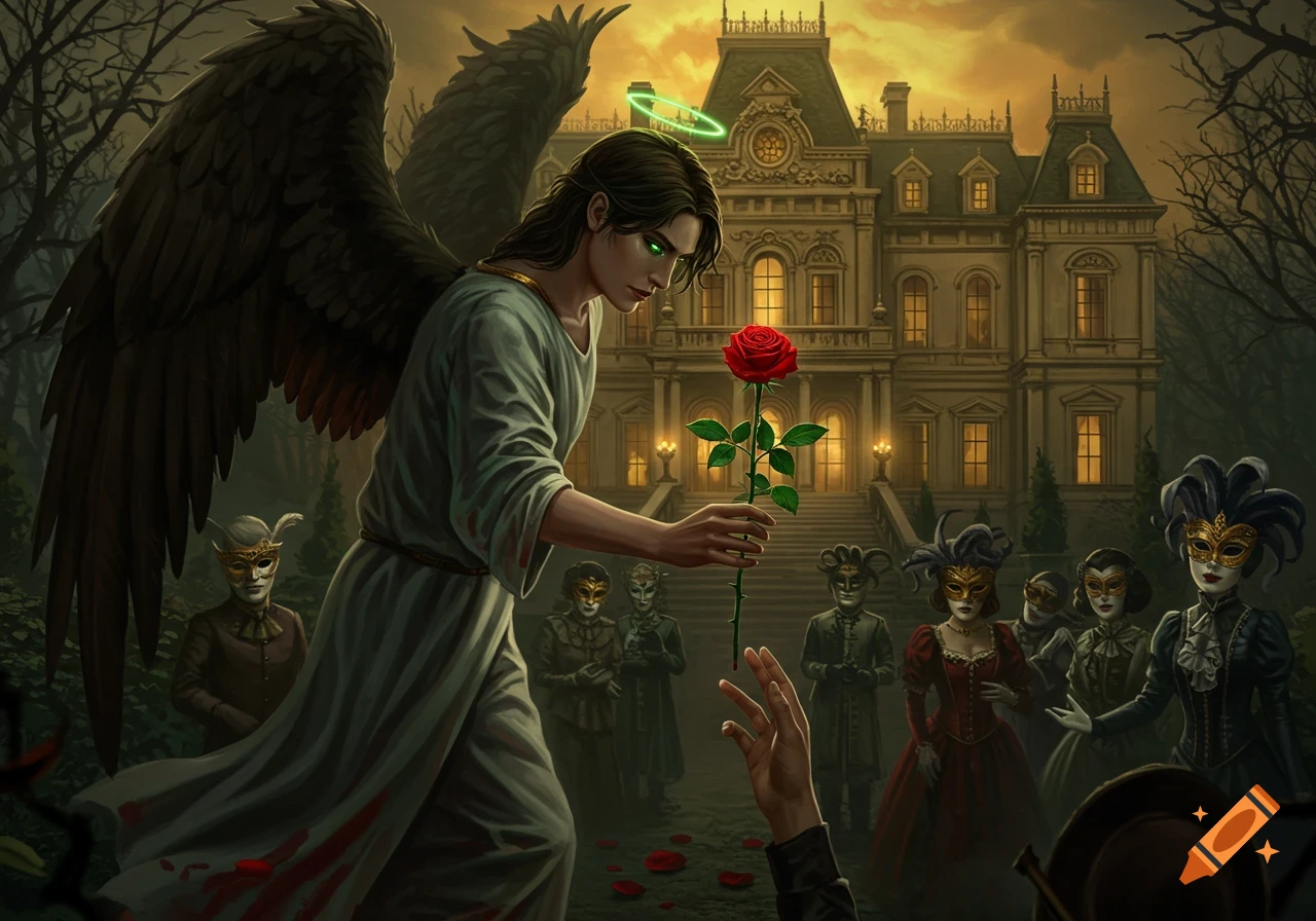 Dark-winged angel with halo offers a blood-dripping red rose to a reaching hand, amidst masked figures and a gothic mansion at dusk.