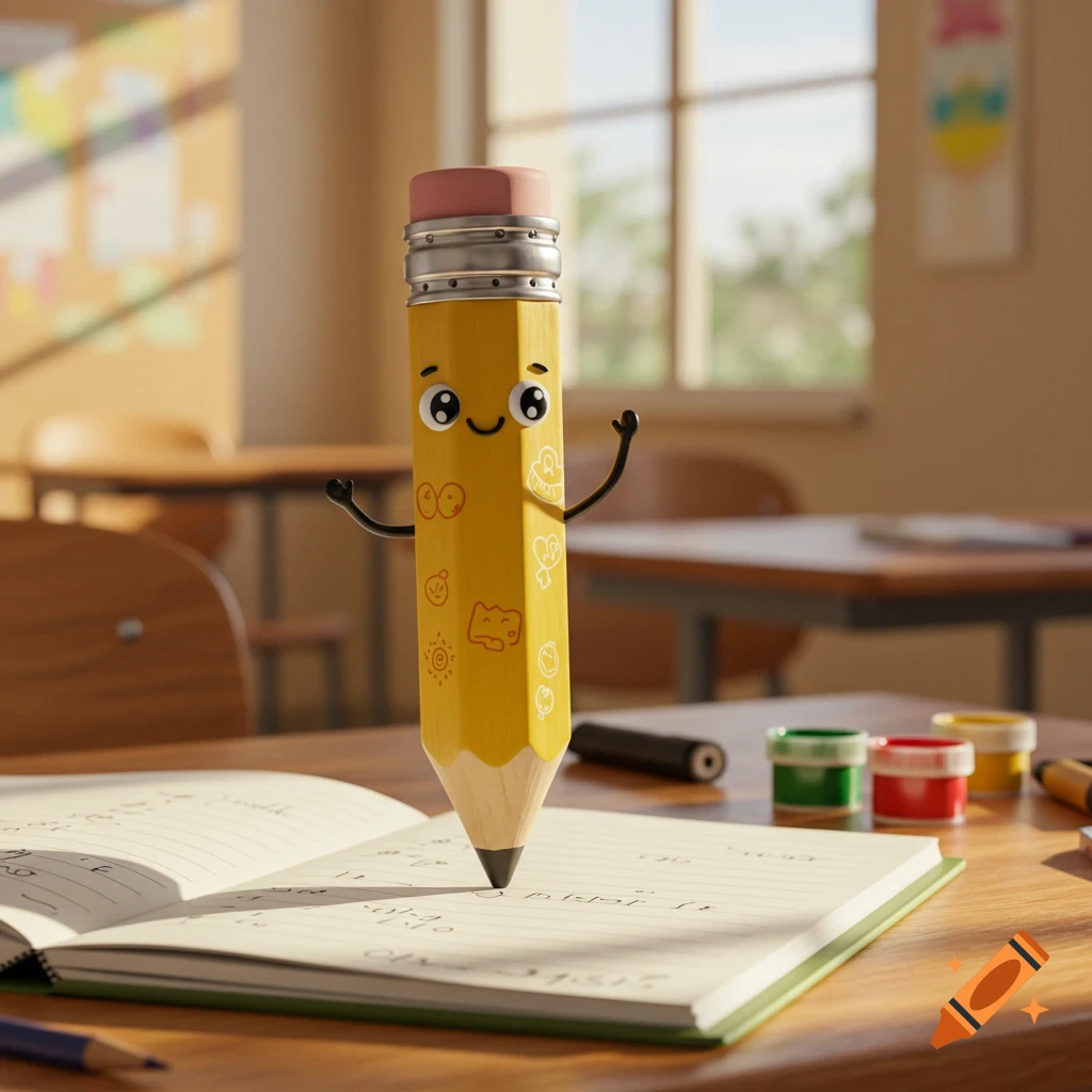 A cute anthropomorphic yellow pencil with a smiling face and small arms stands on an open notebook in a sunlit classroom.