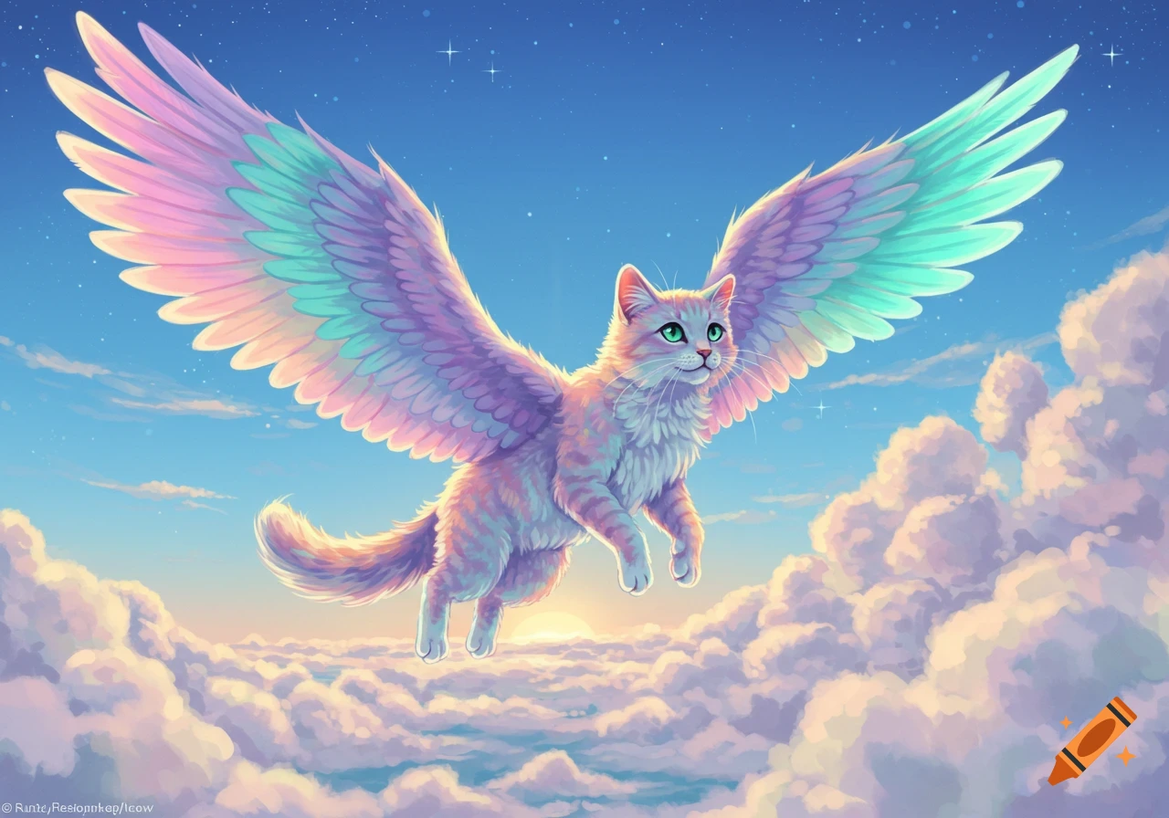 A colorful winged cat with bright green eyes flies through a blue sky above fluffy white clouds at sunset.