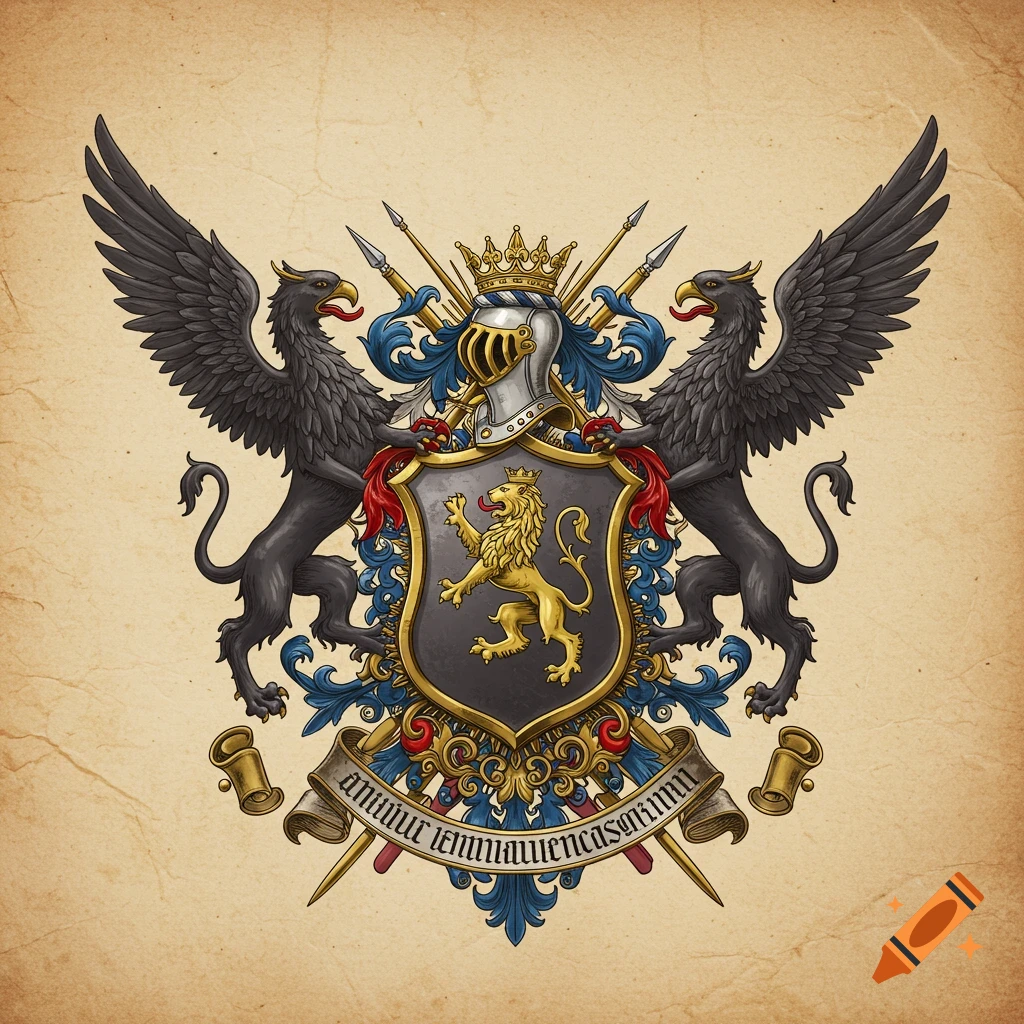 A detailed heraldic crest featuring a central shield with a golden lion, flanked by two black griffins, topped with a knight's helmet and crown, and a banner with illegible text below.