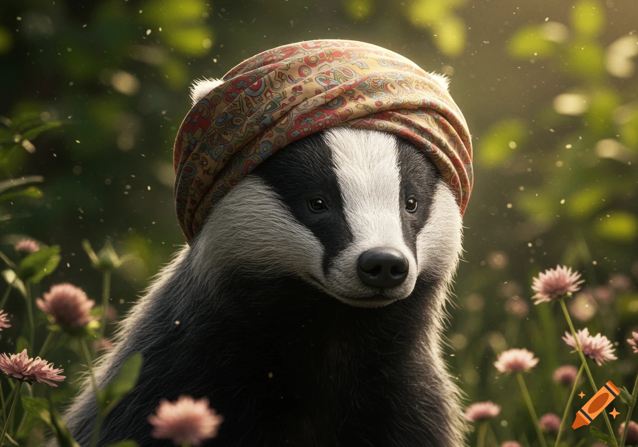 A realistic badger wearing a patterned turban in a sunlit field with pink flowers.