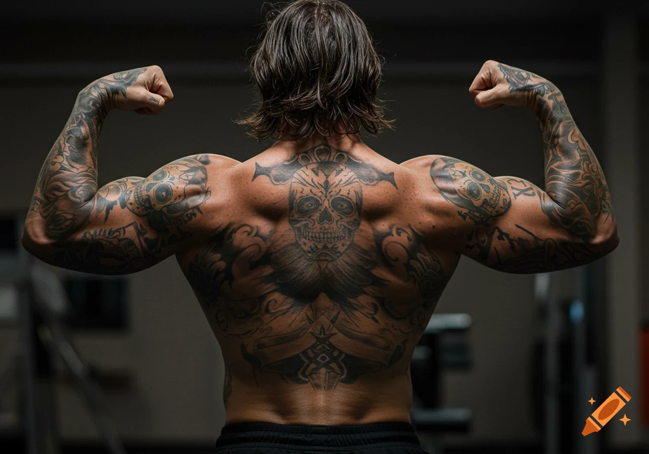 A heavily tattooed man flexing his back muscles in a gym, viewed from behind.