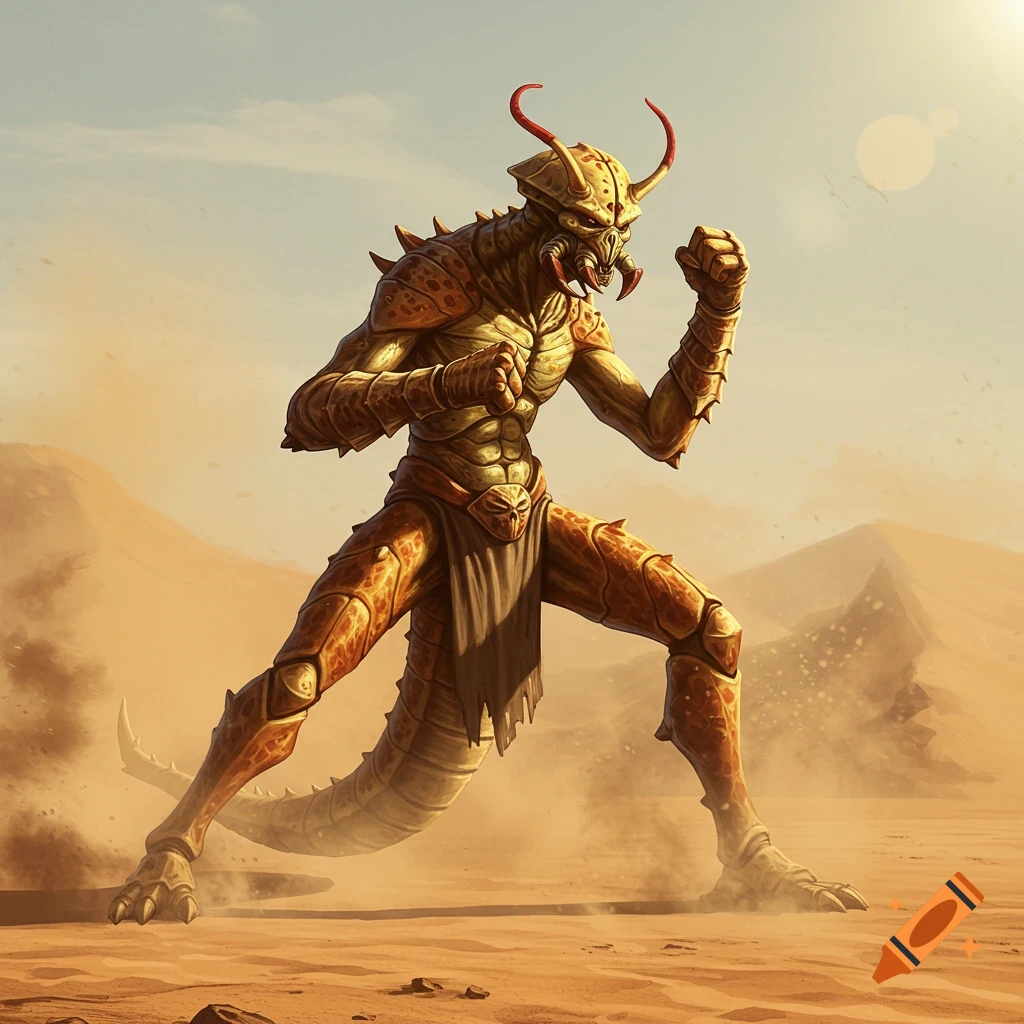 An insectoid Thri-kreen creature with armored skin and horns, in a fighting stance in a sandy desert under a sunny sky.