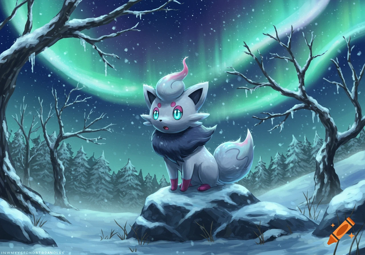 A cute white and grey fox-like Pokémon with pink accents sits on a snowy rock in a dark winter forest under a green aurora.