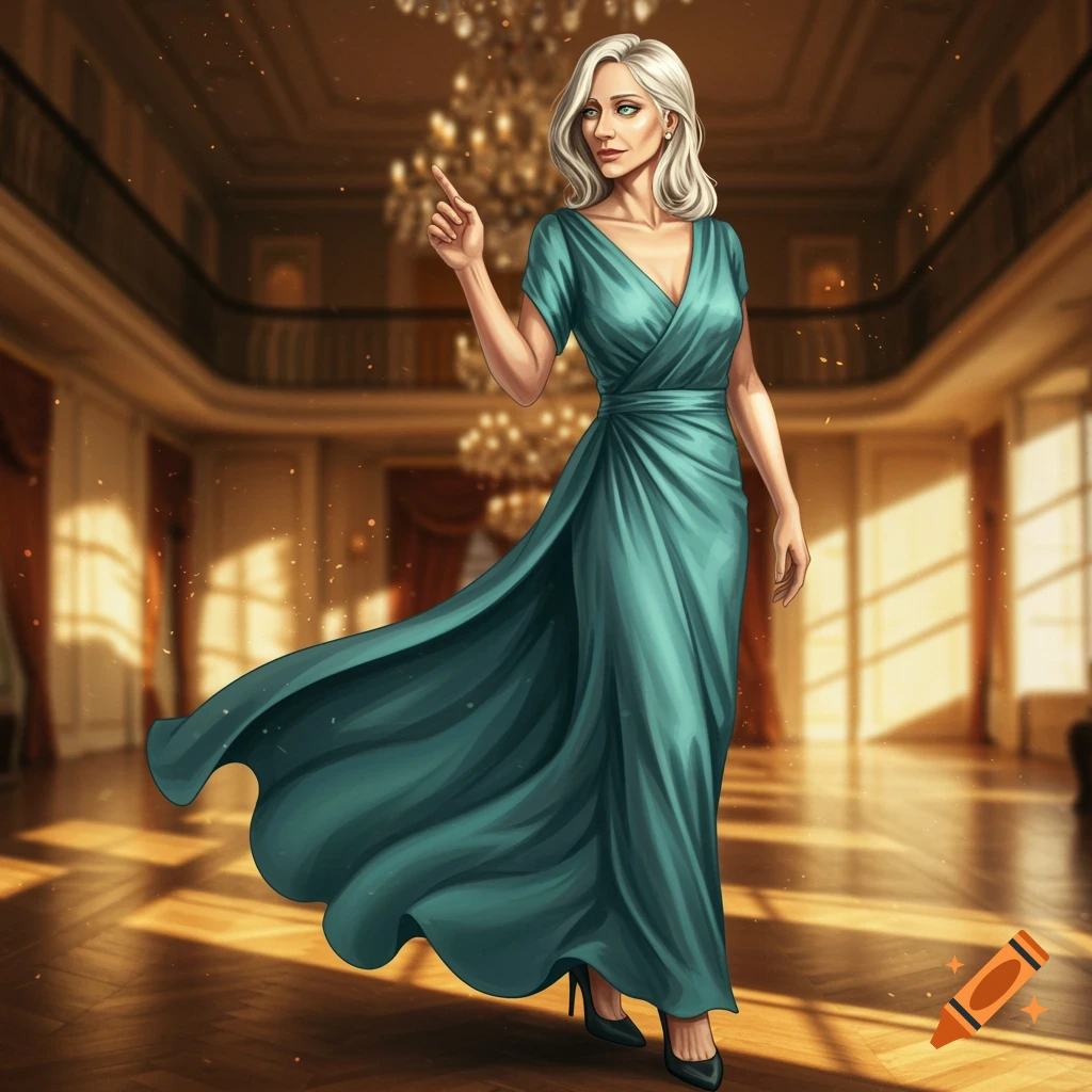 A white-haired woman in a flowing teal dress points up in a grand hall with chandeliers.