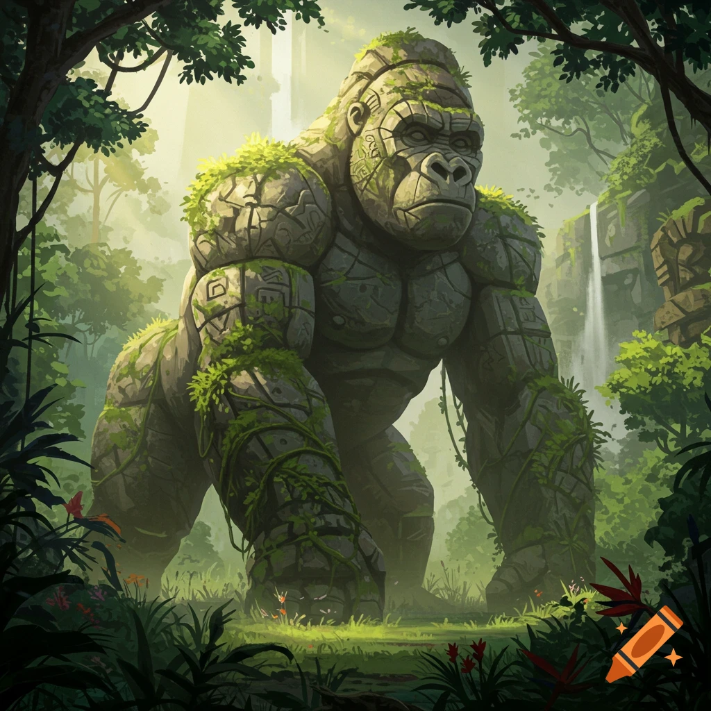 A large, moss-covered stone gorilla statue stands in a dense, sunlit jungle with waterfalls in the background.