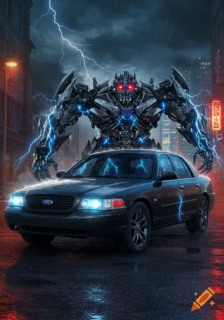 A black Decepticon robot with red eyes stands menacingly over a black Ford Crown Victoria car on a rainy city street at night, with lightning bolts.