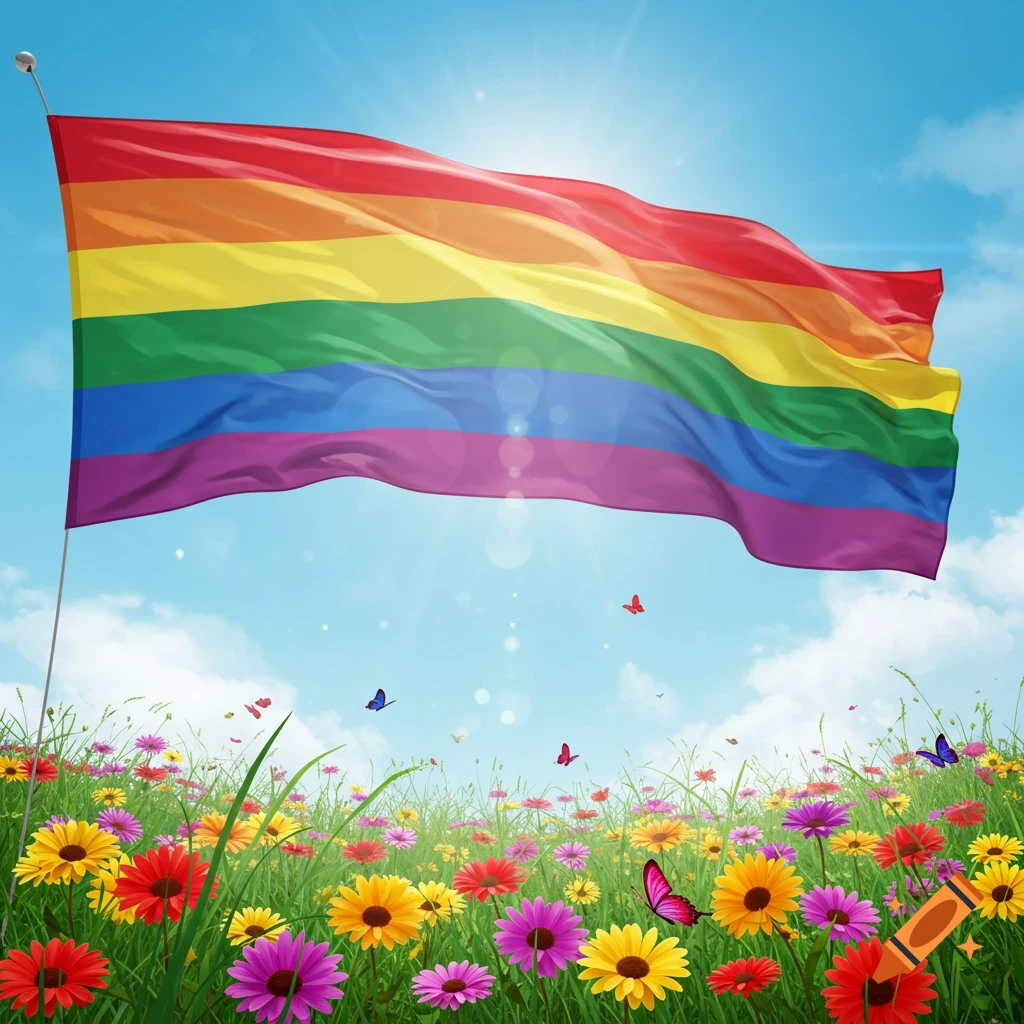 A vibrant rainbow pride flag waves over a colorful field of flowers and butterflies under a sunny blue sky.