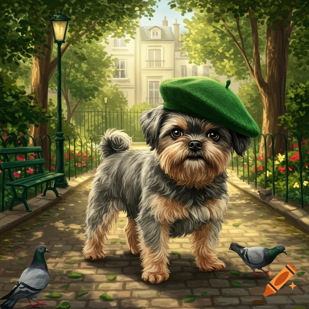 An Affenpinscher dog wearing a green beret stands on a paved path in a sunny park with pigeons.