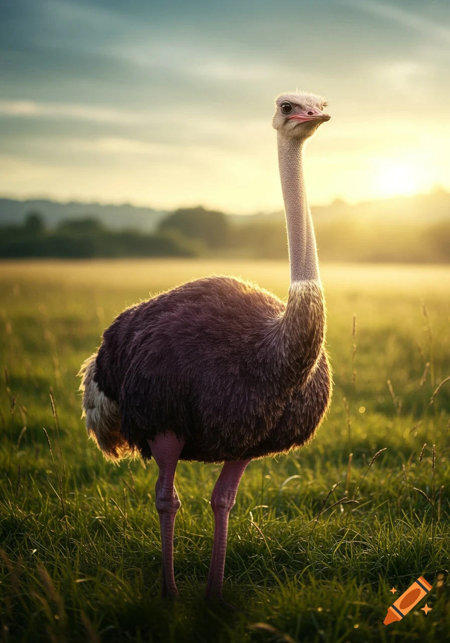 A photorealistic ostrich stands in a sunlit grassy field at sunset.