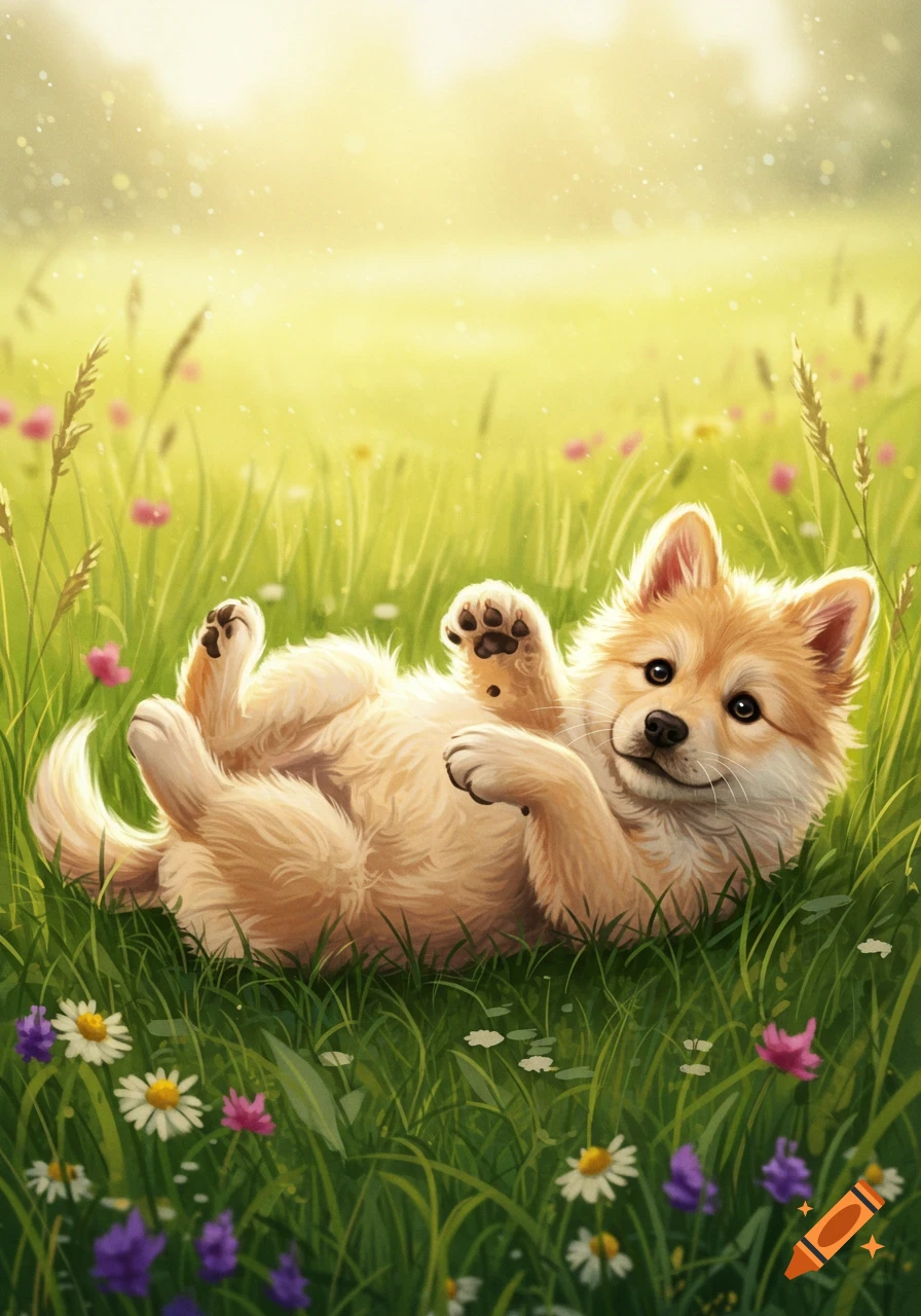 A cute fluffy puppy lying on its back in a sunlit green field with wildflowers.