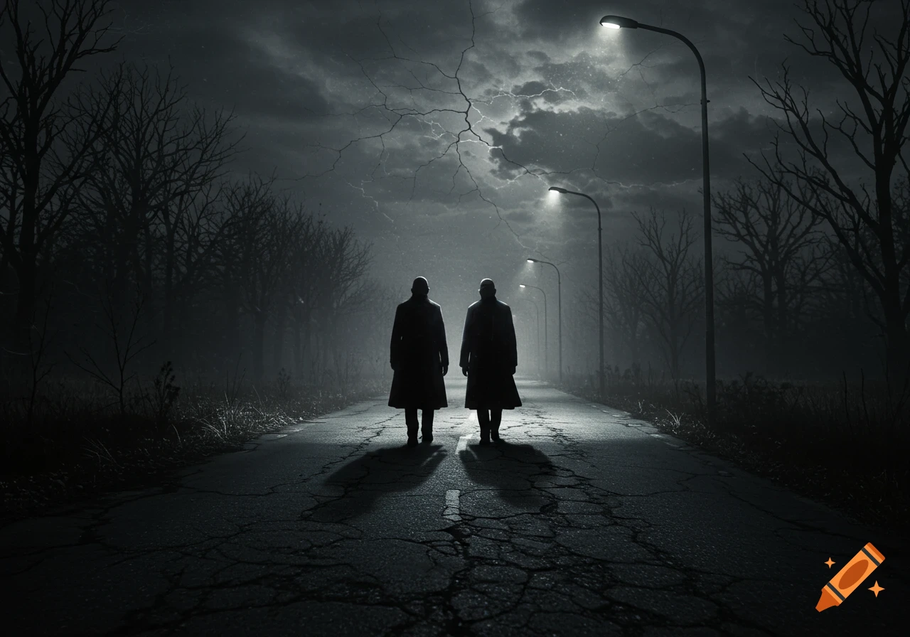 Two silhouetted figures walk down a dark, cracked road at night, lit by streetlights, with bare trees and a stormy sky.