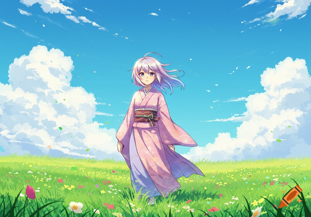An anime girl with light purple hair in a pink kimono stands in a vibrant green field under a blue sky with white clouds.