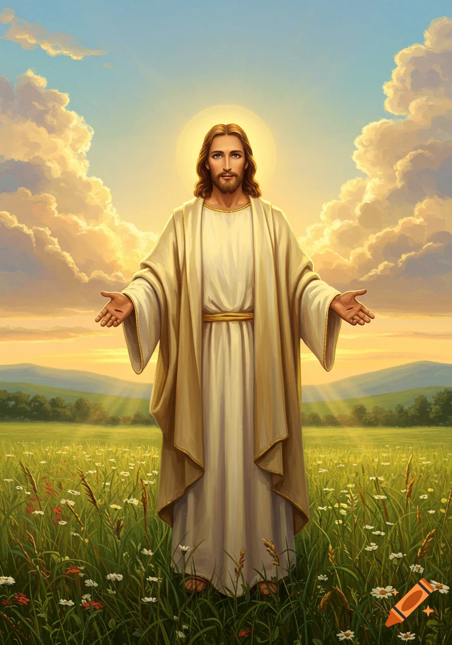 Painting of Jesus Christ with open arms, standing in a vibrant green meadow under a bright, cloudy sky at sunset.