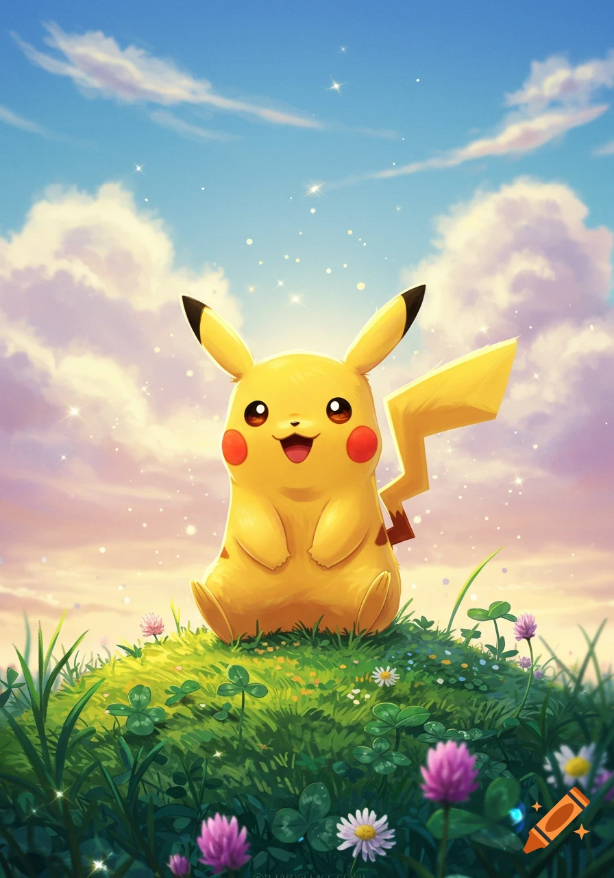 A cute illustration of Pikachu sitting on a grassy hill with flowers under a bright, sparkling sky.