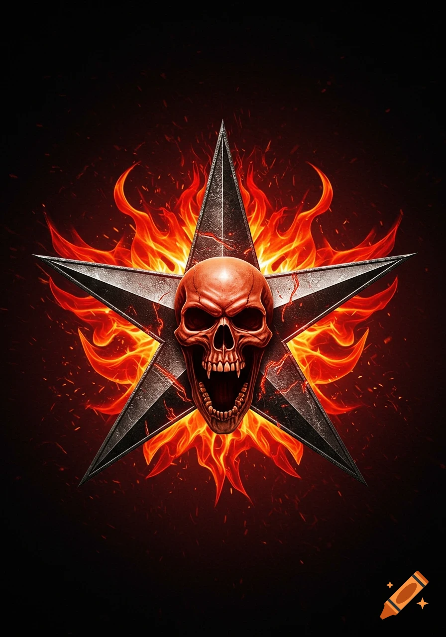 A stylized screaming skull centered on a metallic five-pointed star, engulfed in vibrant orange and red flames with flying embers against a dark background.