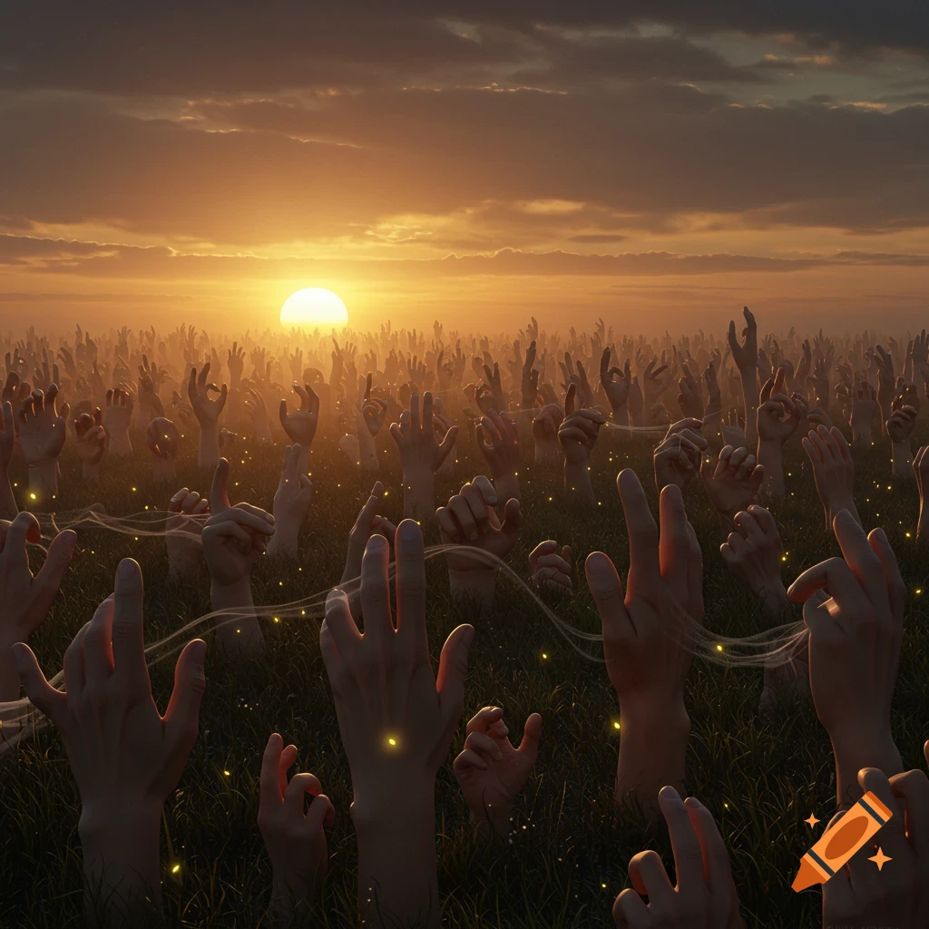 A surreal field of many human hands reaching up towards a bright orange sunset, with glowing specks on the grass.