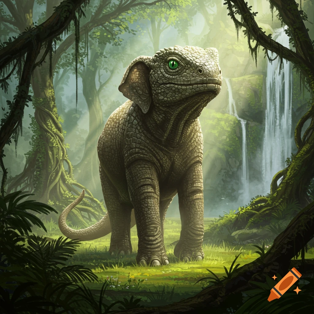 A fantasy creature, a grey scaly lizard-elephant with green eyes, stands in a lush, sunlit jungle with a waterfall.