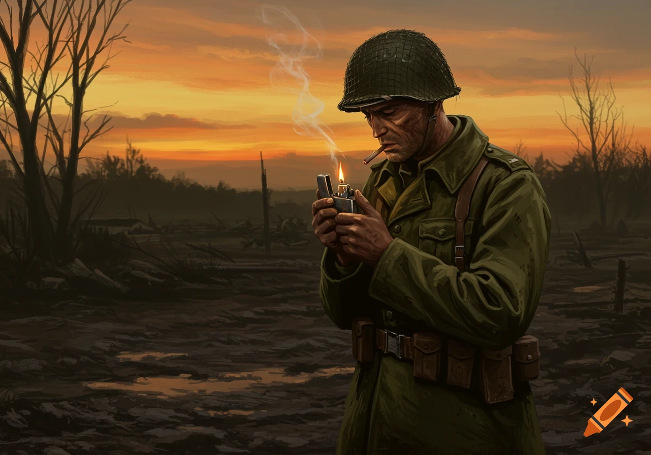 A WWII soldier in a desolate, war-torn landscape lights a cigarette with a Zippo lighter at sunset, illustrated in a dramatic, painterly style.