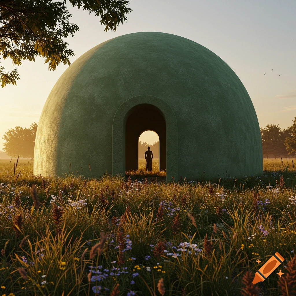 A realistic sage green dome with an arched entrance in a field of wildflowers at sunset. A silhouetted person stands in the doorway.