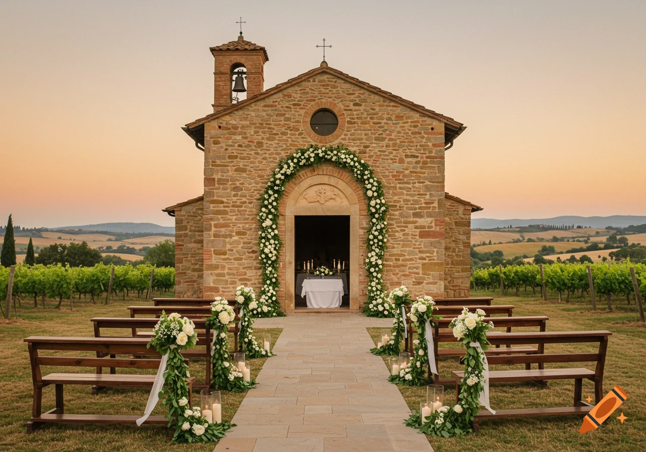 A rustic stone church decorated with white flowers for a wedding, surrounded by vineyards at sunset.