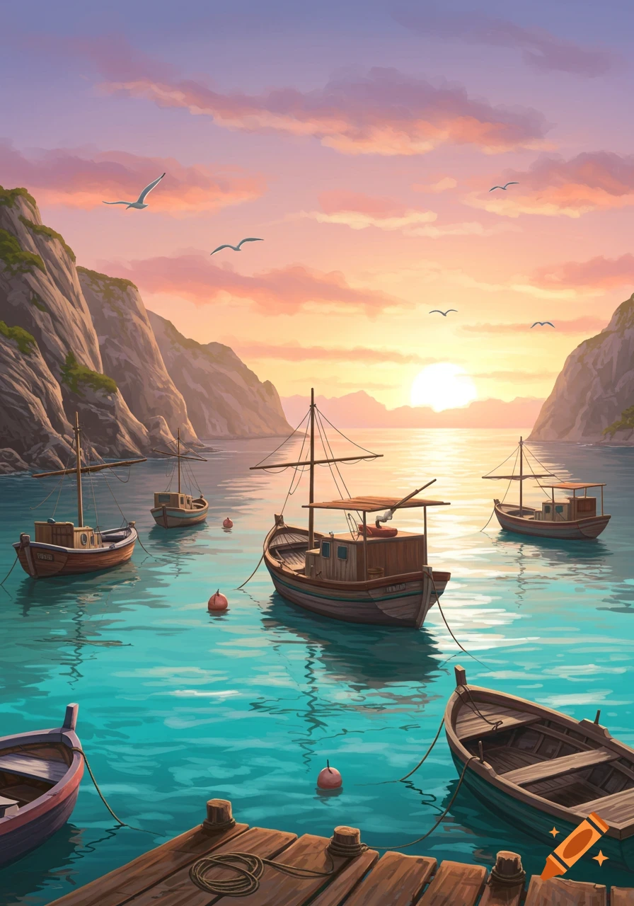 A colorful, illustrative sunset over a calm harbor with several fishing boats moored, surrounded by steep mountains.