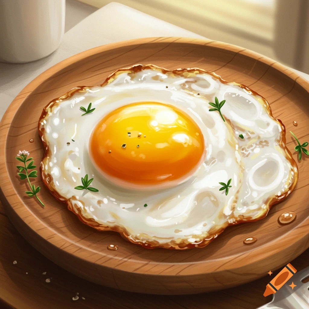 A close-up of a perfectly fried egg with a bright yellow yolk and crispy white edges on a wooden plate, garnished with herbs and pepper.