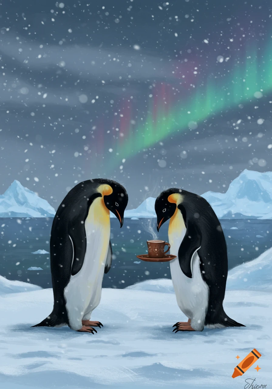 Illustration of two emperor penguins in a snowy arctic landscape, one offering a steaming cup to the other under the aurora borealis.