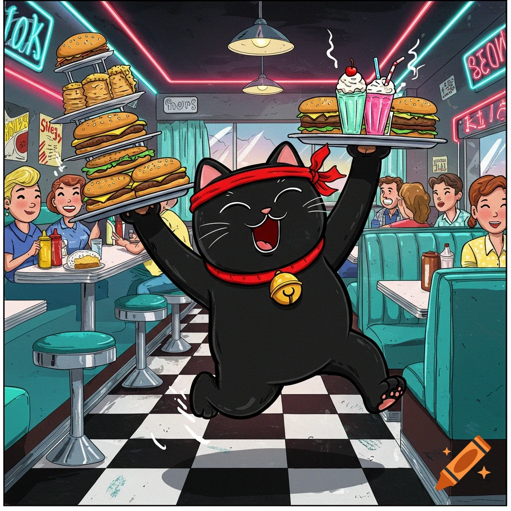 A cartoon black Maneki Neko cat in a red headband rushes through a retro diner, balancing trays of burgers and milkshakes.