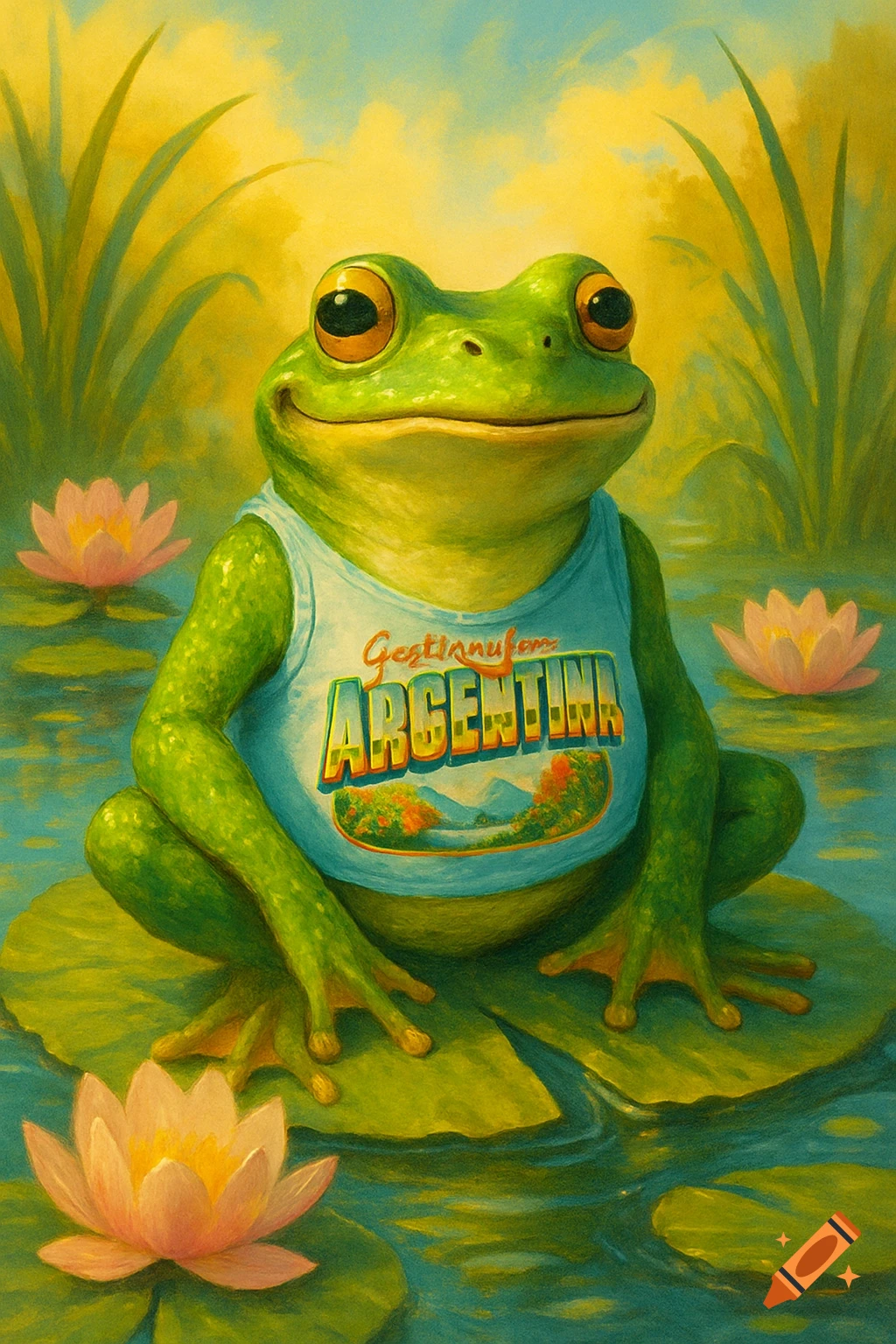 An illustrative painting of a happy green frog wearing a light blue tank top that says "Gestinnuforen ARGENTINA", sitting on a lily pad in a pond with pink water lilies.