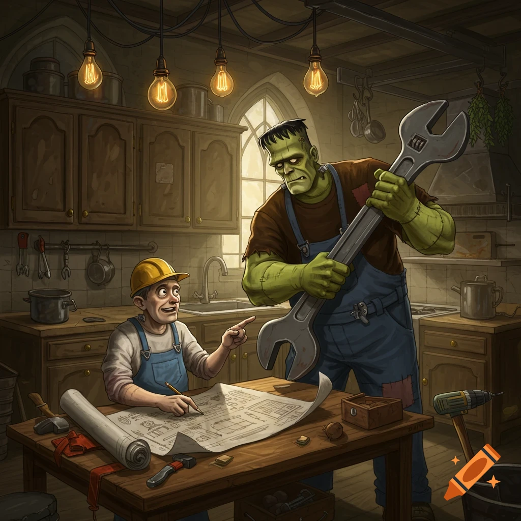Cartoon Frankenstein's monster holds a giant wrench while a small man points at a blueprint on a table in a workshop kitchen.