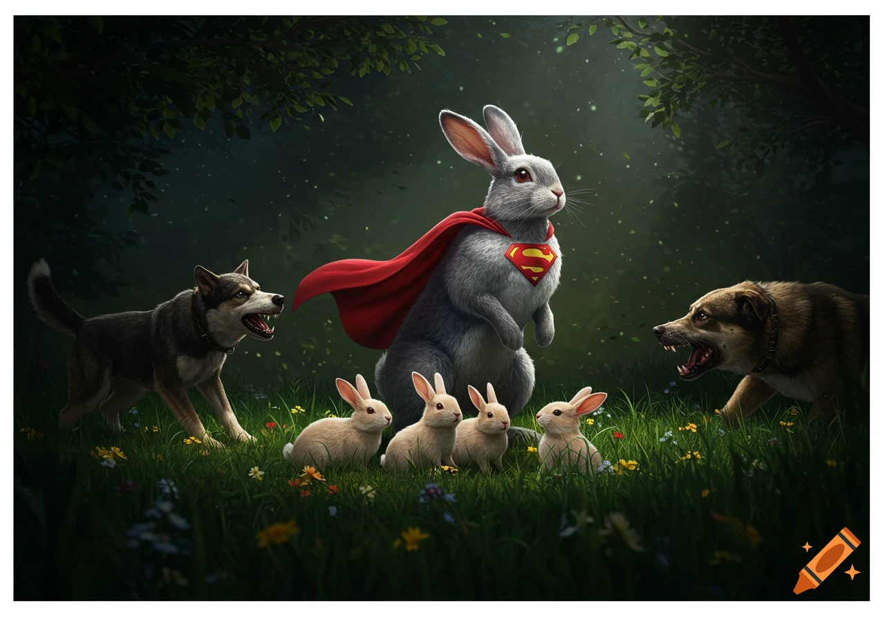 A Superman rabbit with a red cape and 'S' shield protects four small bunnies from two snarling dogs in a lush, green forest clearing, illustrated.