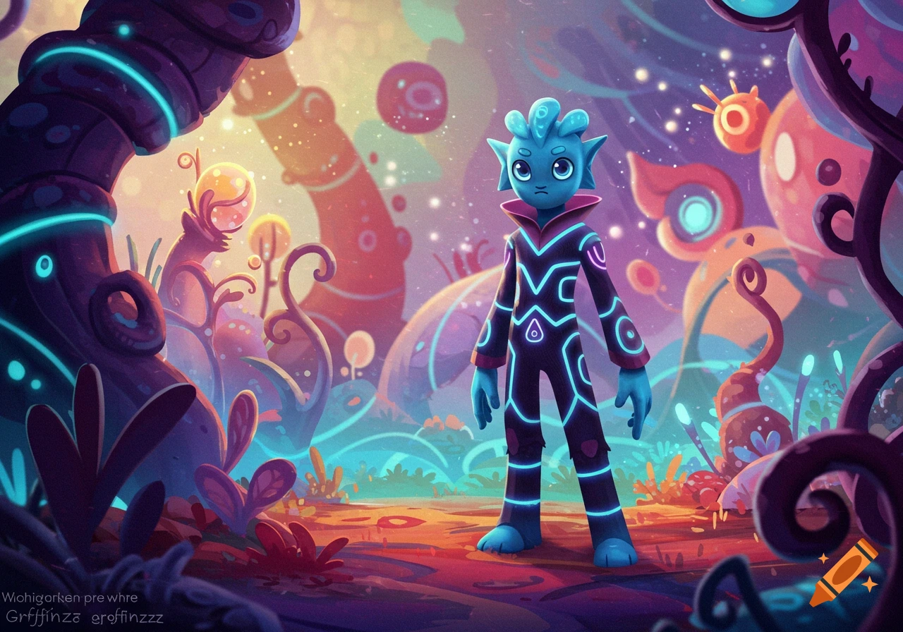 A cute blue alien with glowing patterns on its suit stands on a colorful alien planet with strange plants and floating objects. Vibrant cartoon illustration style.