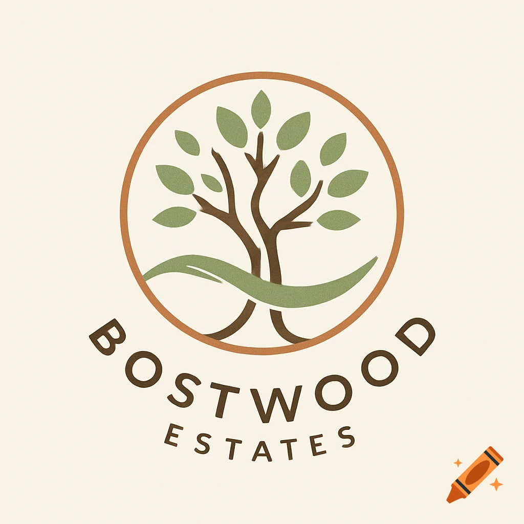 A minimalist logo for Bostwood Estates featuring a brown tree with green leaves inside a circle, against a light background.