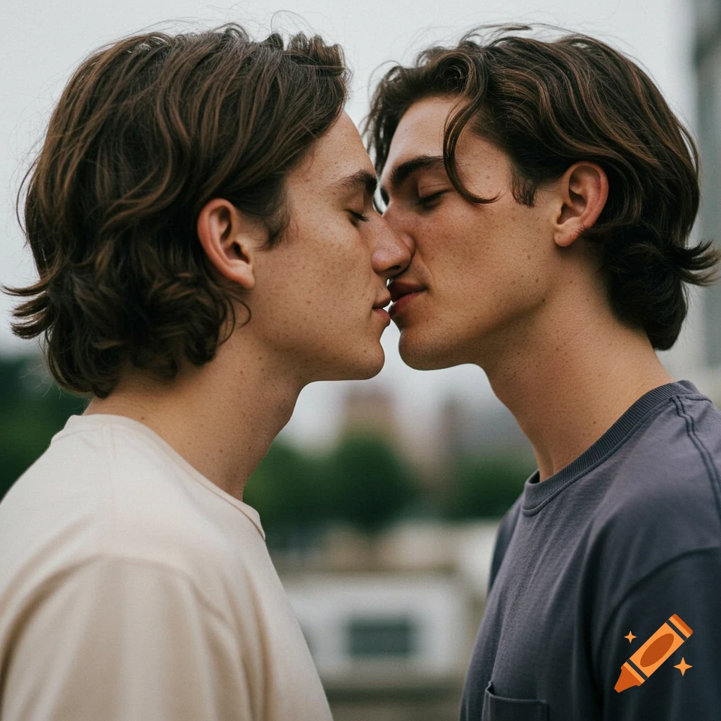 Two young men with wavy hair share a tender kiss, eyes closed, in a close-up outdoor shot.