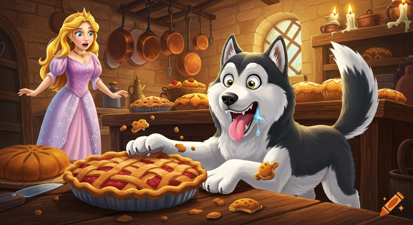 A cartoon husky dog playfully tries to steal a pie from a kitchen table, while a shocked princess in a purple dress looks on.