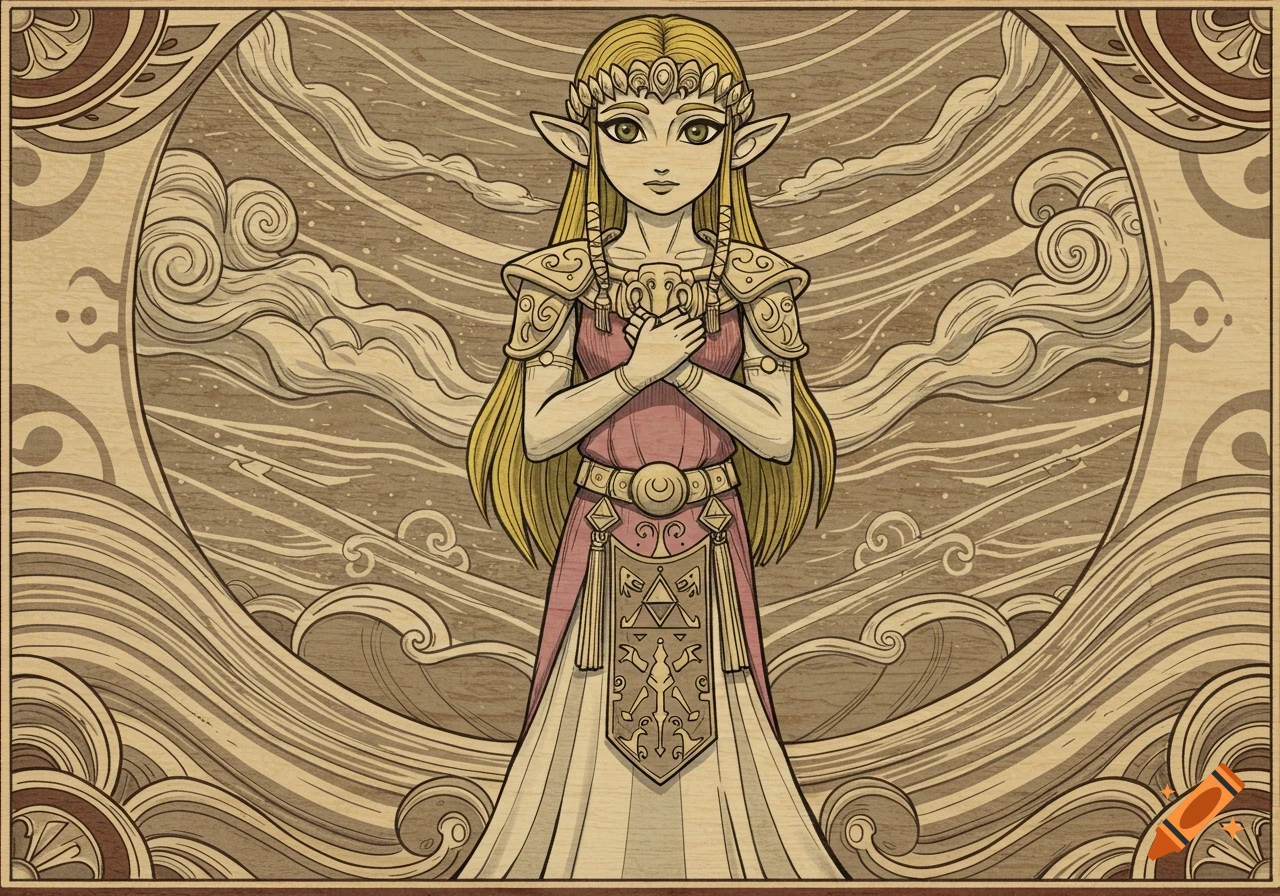 Princess Zelda in a medieval woodcut art style, resembling an ancient mural, standing with hands clasped.