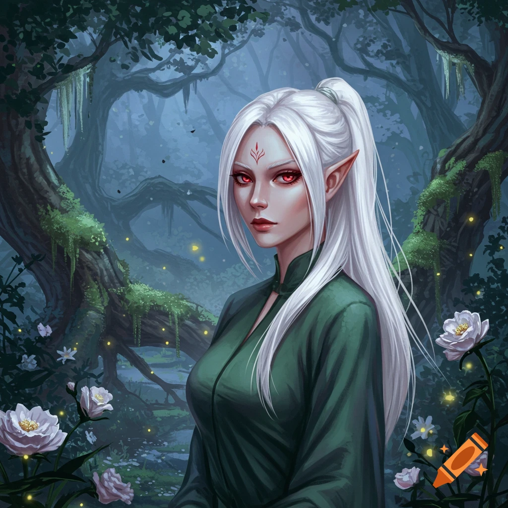 A fantasy digital painting of an elf woman with pale skin, white hair, and red eyes, wearing green, in a dark, mossy forest with white flowers.