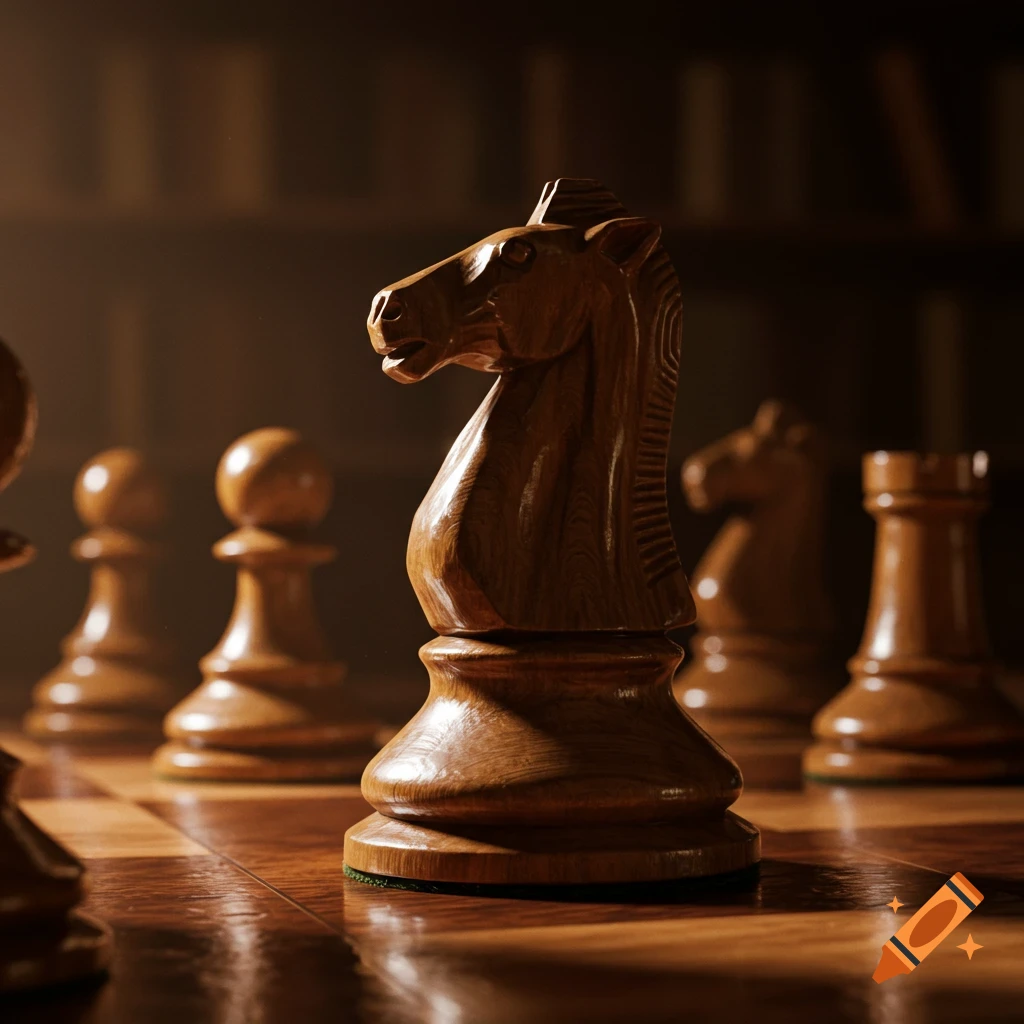 A detailed wooden chess knight stands on a chessboard, with other blurred pieces in the background, lit by dramatic lighting.