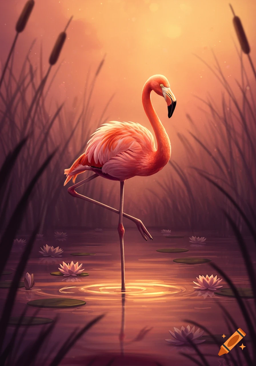Stylized illustration of a pink flamingo standing on one leg in a calm pond with water lilies and tall reeds under warm light.