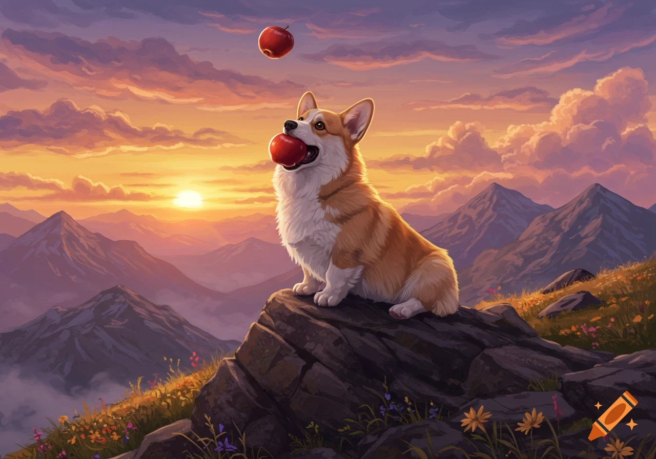 An illustrated corgi with an apple in its mouth sits on a mountain peak at sunset, with another apple floating above.