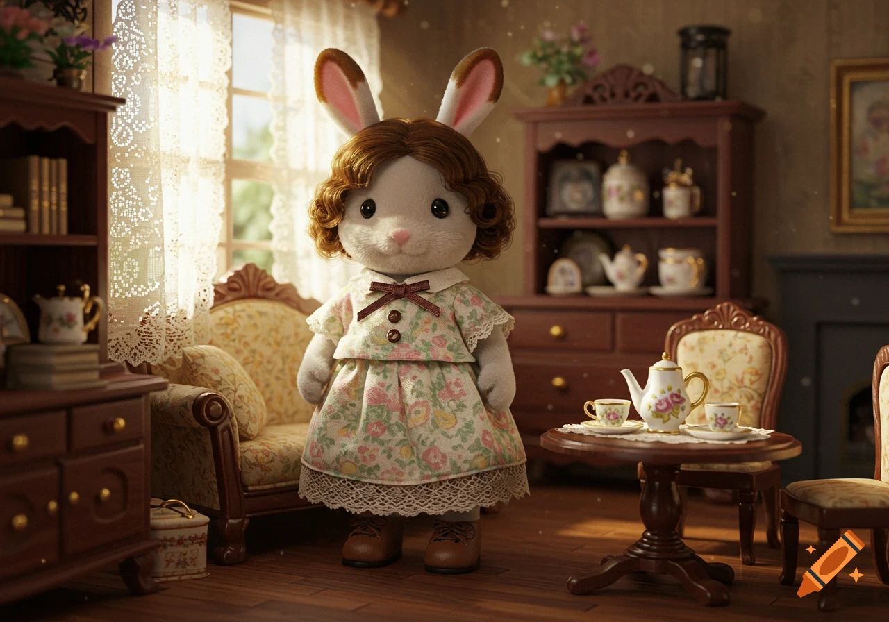 A Sylvanian-style rabbit doll in a floral dress stands in a cozy, detailed dollhouse-like living room with a tea set.