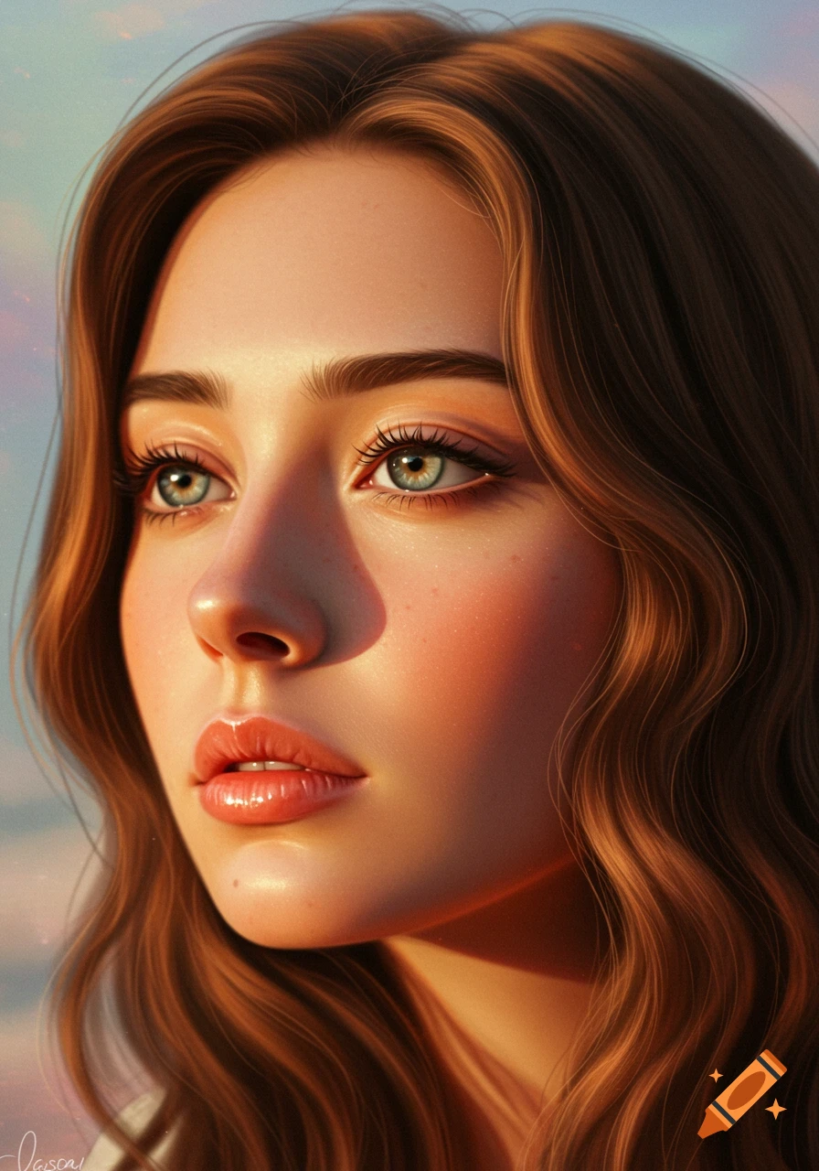 Close-up of a photorealistic digital painting of a woman with long wavy brown hair and blue eyes, soft light on her face, looking up.