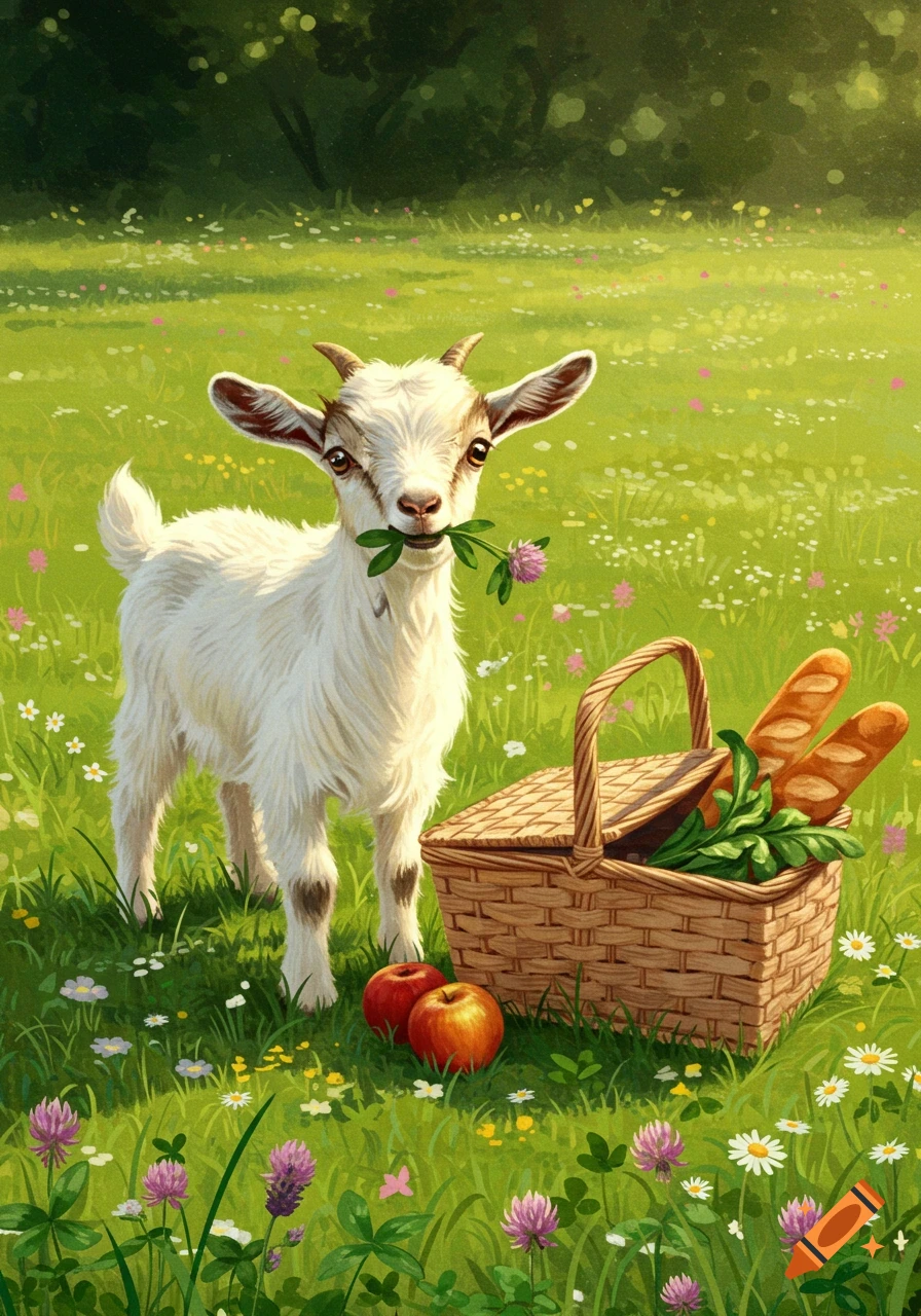 A cute white baby goat eats a purple flower in a vibrant green meadow next to a picnic basket and red apples, in an illustrative style.