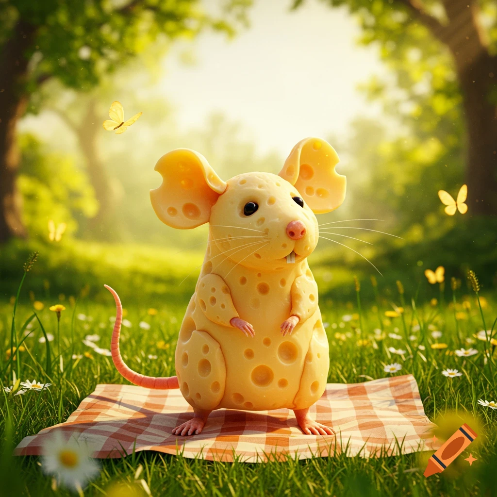A whimsical cartoon mouse made of swiss cheese stands on a red and white checkered picnic blanket in a sunny green field with butterflies.
