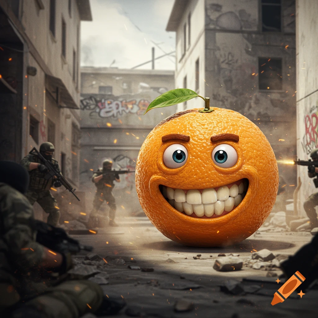 A cartoon orange character with a wide grin stands in a war-torn street with soldiers and explosions in the background.